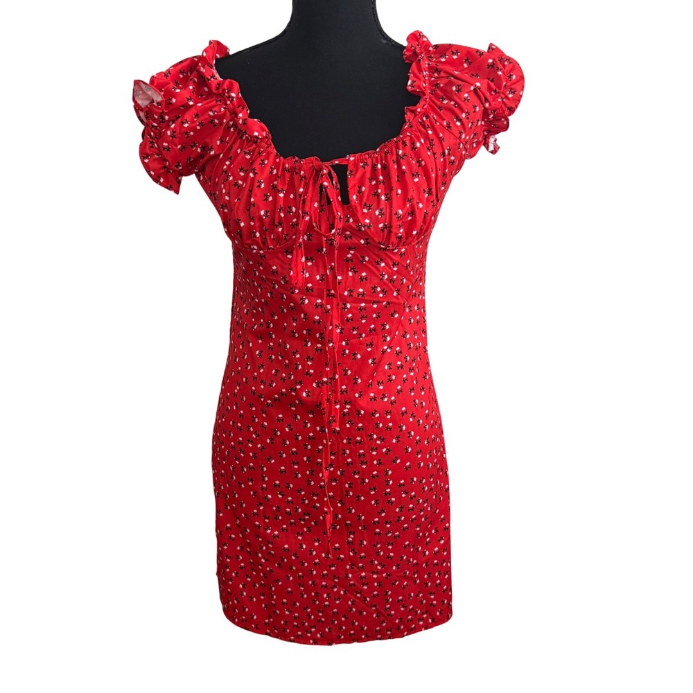 Womens Milkmaid Smocked Puff Sleeve Dress Size S Red Microfloral Coquette